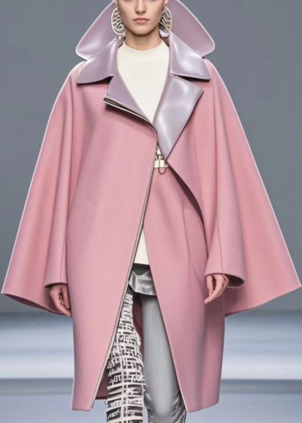 Pink Peter Pan Collar Zippered Woolen Trench Fall