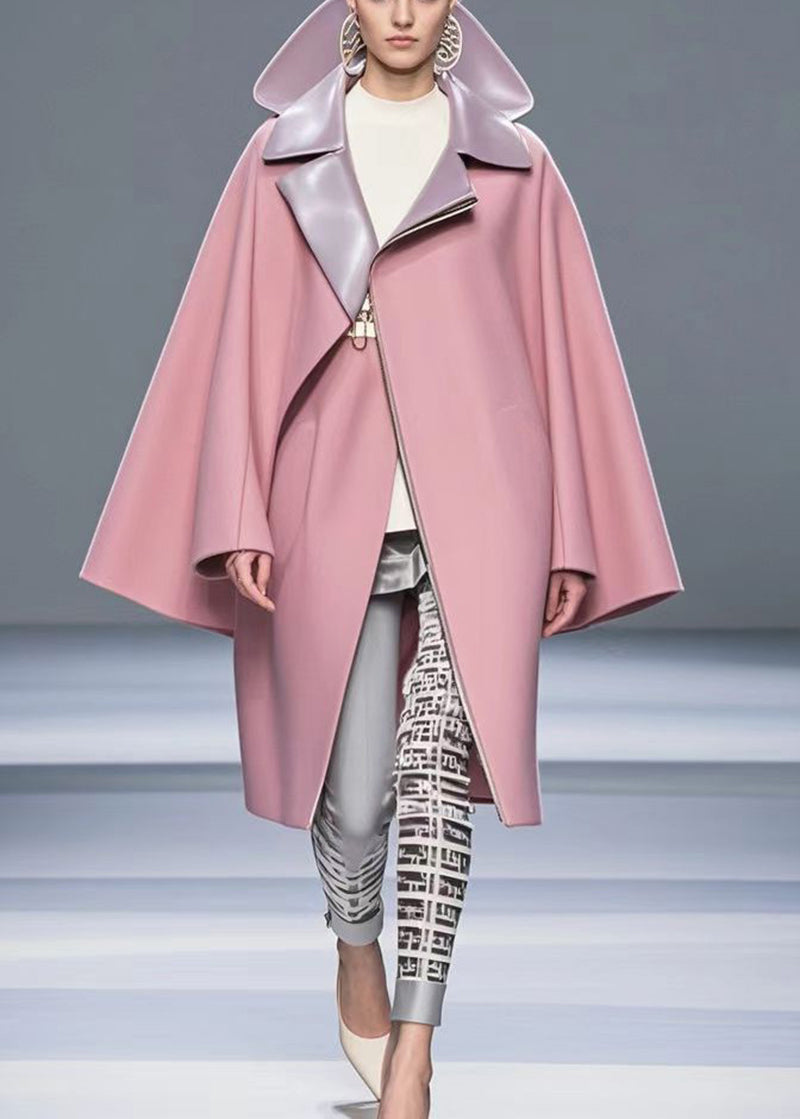 Pink Peter Pan Collar Zippered Woolen Trench Fall