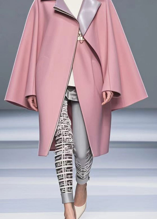 Pink Peter Pan Collar Zippered Woolen Trench Fall