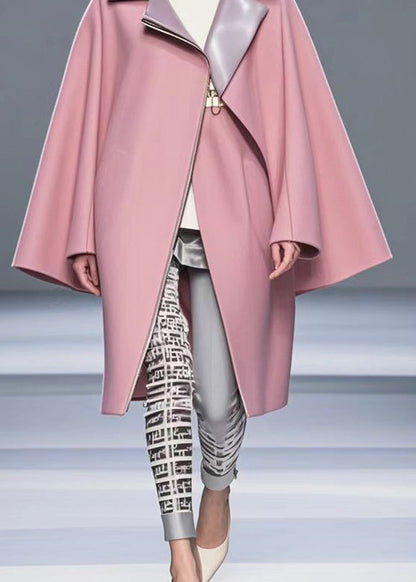 Pink Peter Pan Collar Zippered Woolen Trench Fall