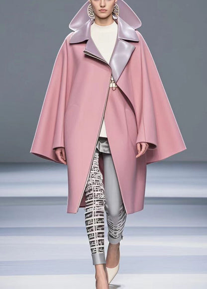 Pink Peter Pan Collar Zippered Woolen Trench Fall