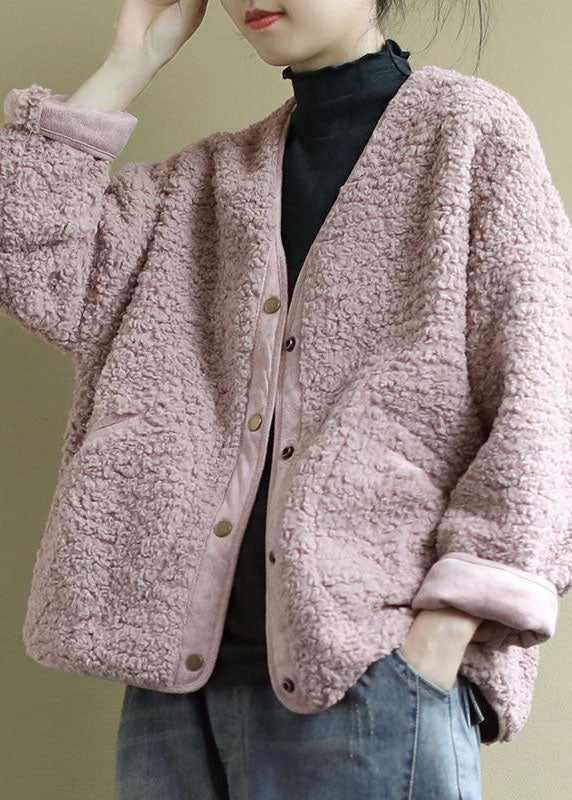 Pink Pockets Button Fall Winter Thick Coats Long Sleeve