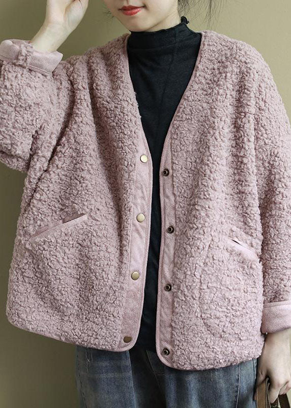 Pink Pockets Button Fall Winter Thick Coats Long Sleeve