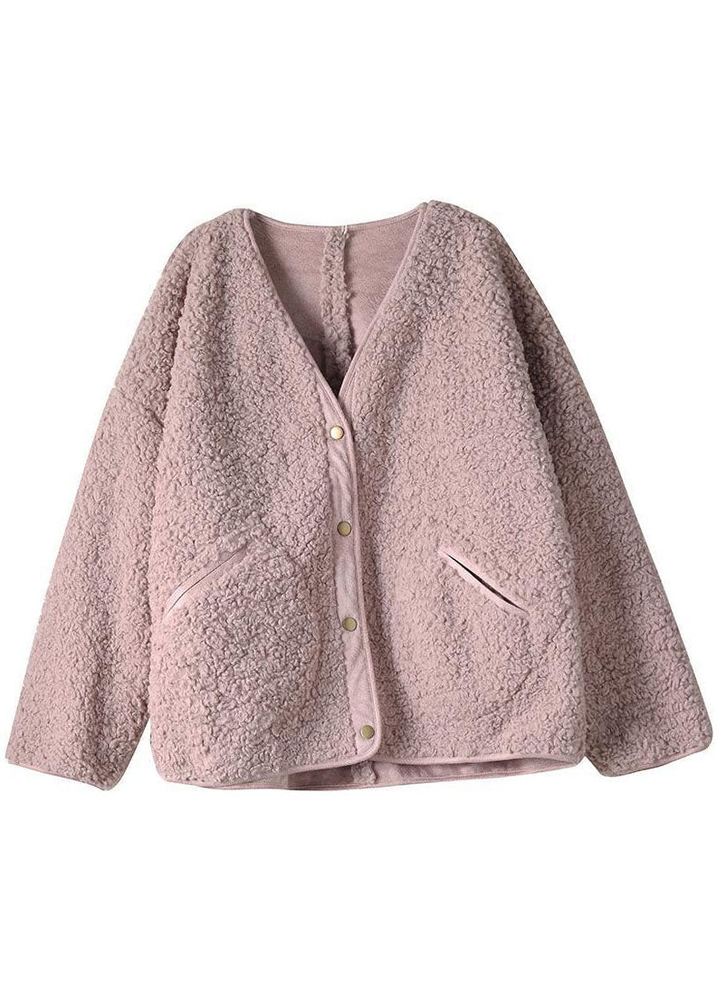 Pink Pockets Button Fall Winter Thick Coats Long Sleeve