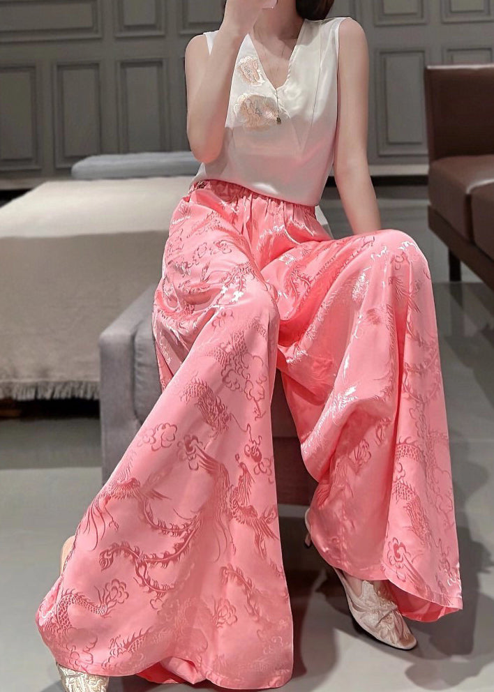 Pink Pockets Jacquard Silk High Waist Wide Leg Pants Fall