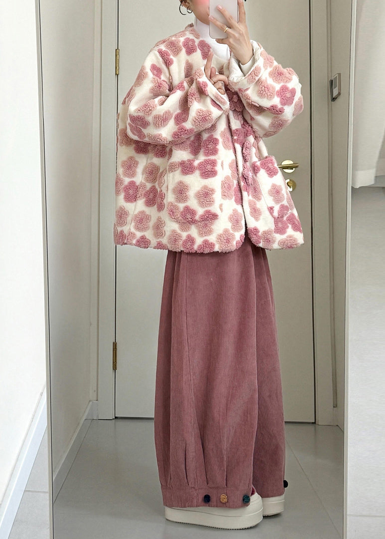 Pink Pockets Mink Velvet Coats and Wide Leg Pants Two Piece Set Winter