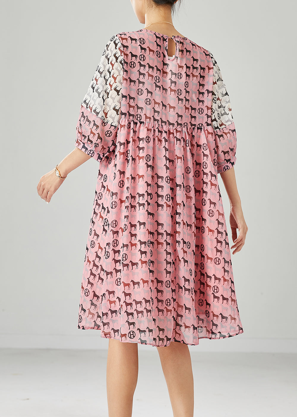 Pink Pony Print Patchwork Chiffon Dress Summer
