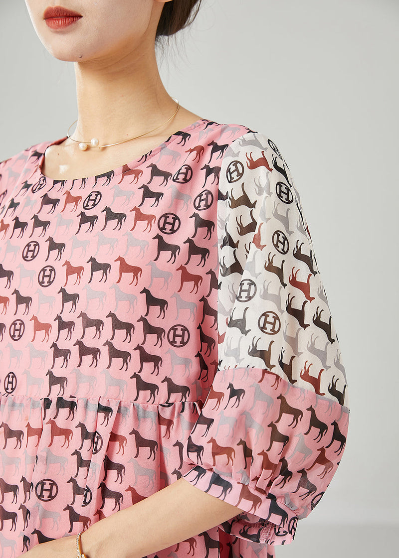 Pink Pony Print Patchwork Chiffon Dress Summer