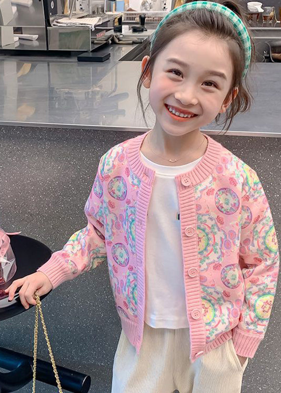 Pink Print Button Cotton Knit Kids Cardigan Spring