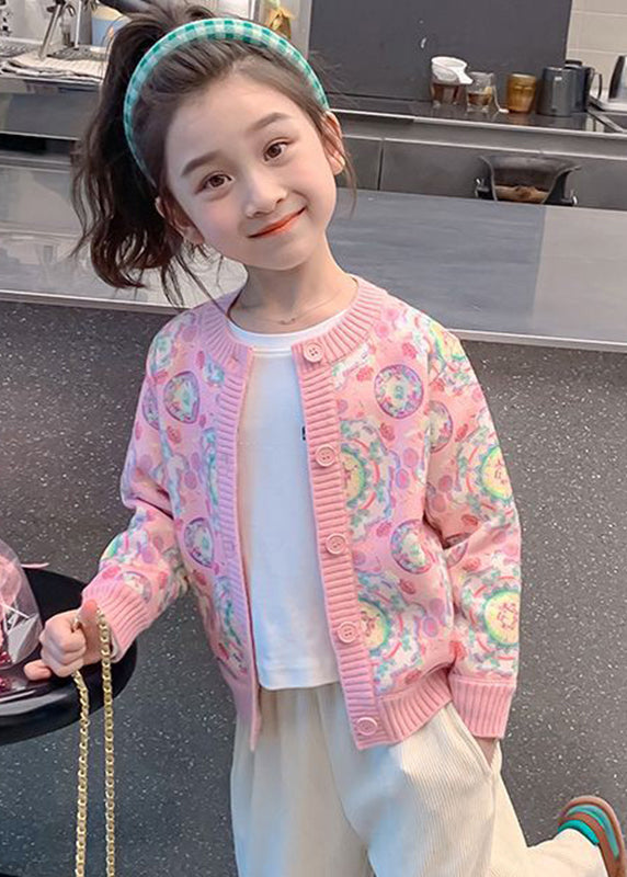 Pink Print Button Cotton Knit Kids Cardigan Spring