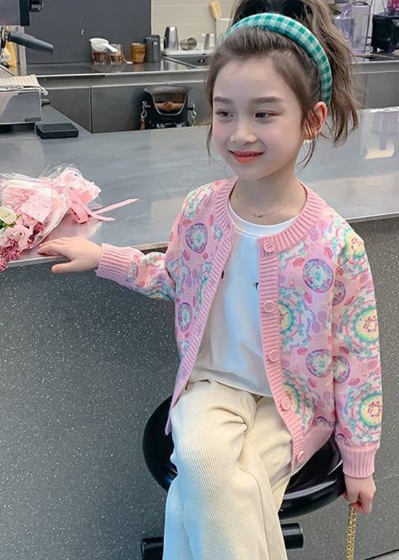 Pink Print Button Cotton Knit Kids Cardigan Spring