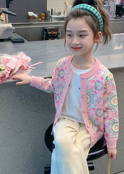 Pink Print Button Cotton Knit Kids Cardigan Spring