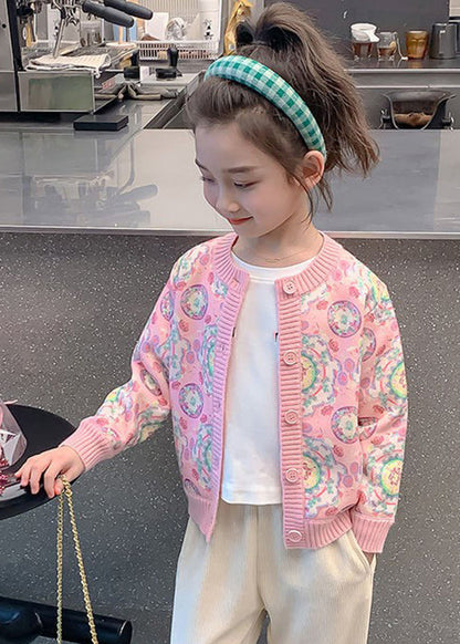 Pink Print Button Cotton Knit Kids Cardigan Spring