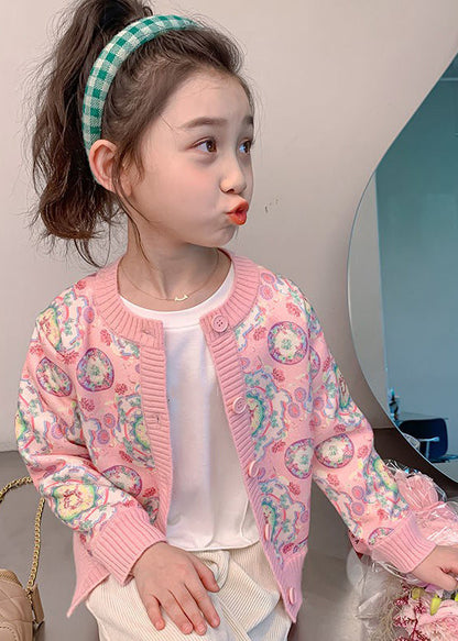 Pink Print Button Cotton Knit Kids Cardigan Spring