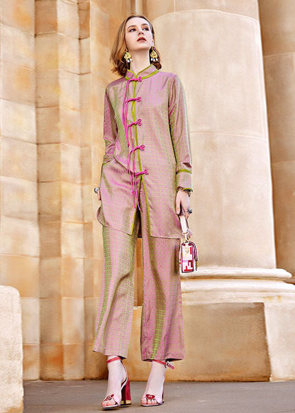 Pink Print Silk Cotton Shirts and Crop Pants Two Pieces Set Fall