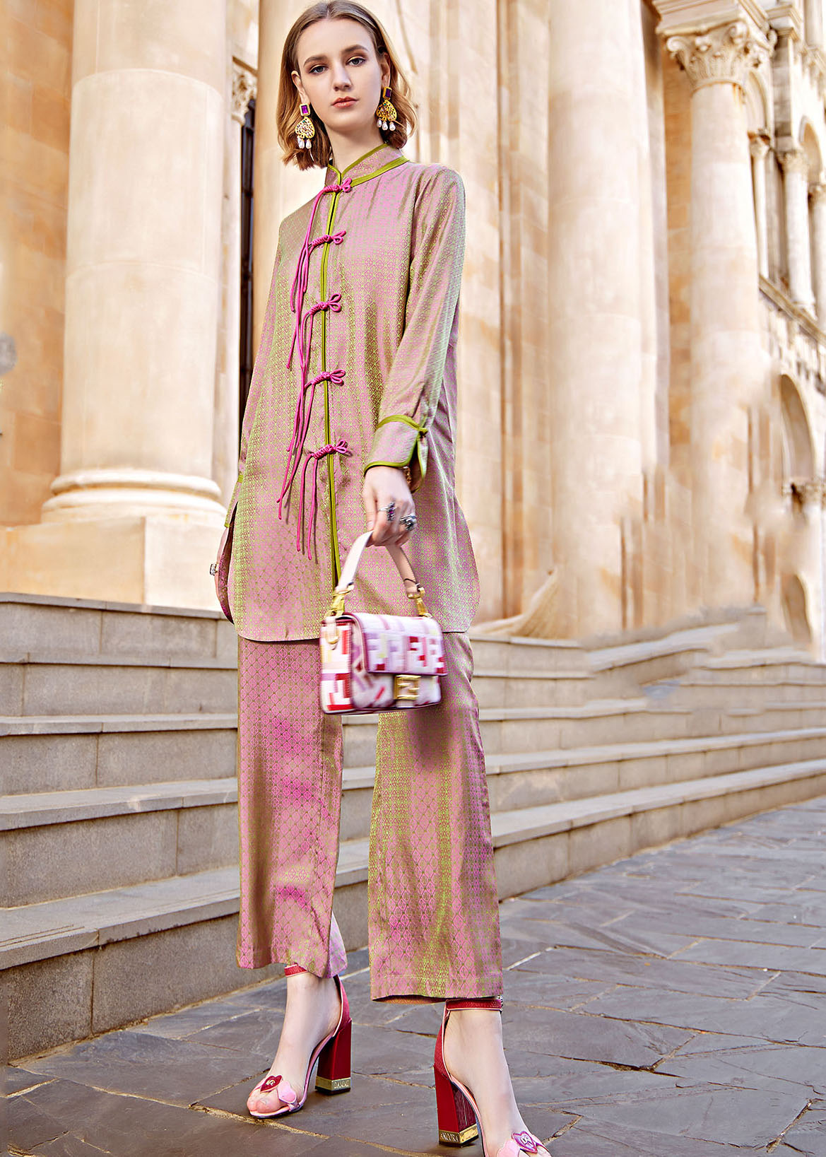 Pink Print Silk Cotton Shirts and Crop Pants Two Pieces Set Fall