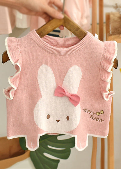 Pink Ruffled Embroidered Knit Kids Waistcoat Sleeveless