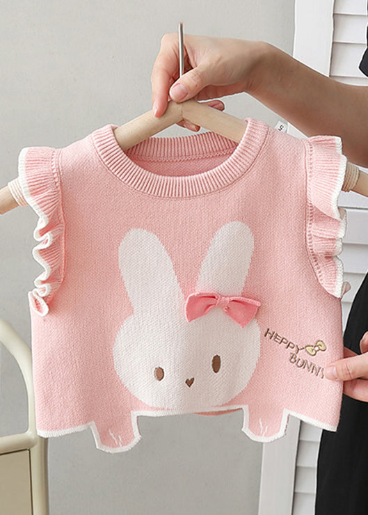 Pink Ruffled Embroidered Knit Kids Waistcoat Sleeveless