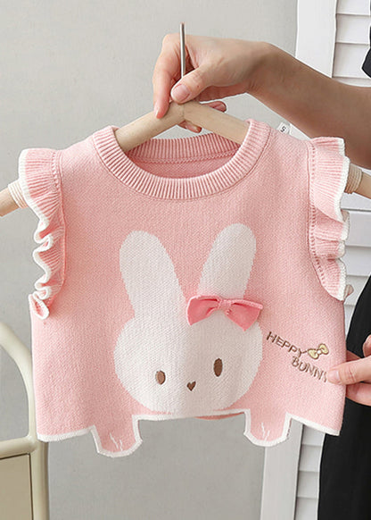 Pink Ruffled Embroidered Knit Kids Waistcoat Sleeveless