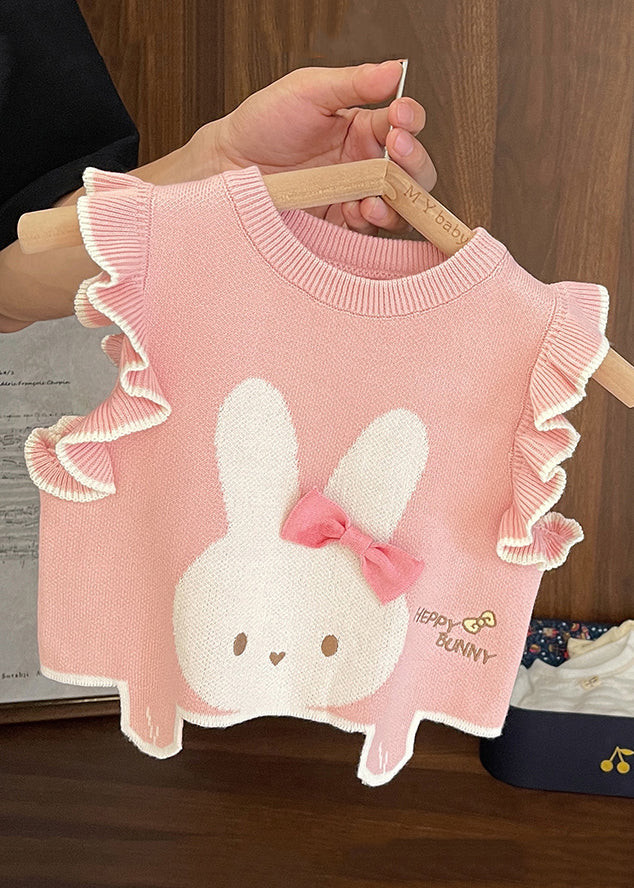 Pink Ruffled Embroidered Knit Kids Waistcoat Sleeveless