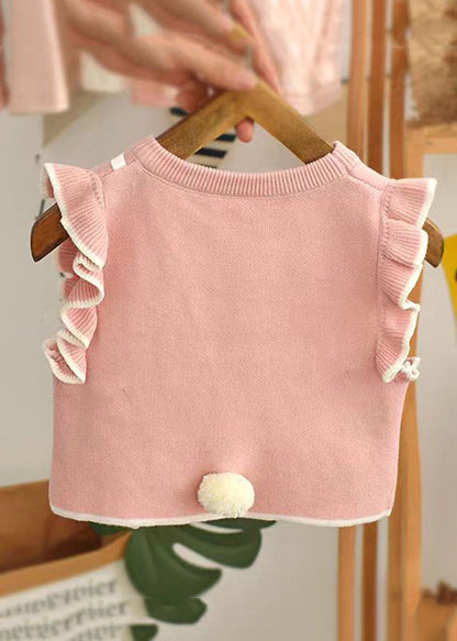 Pink Ruffled Embroidered Knit Kids Waistcoat Sleeveless
