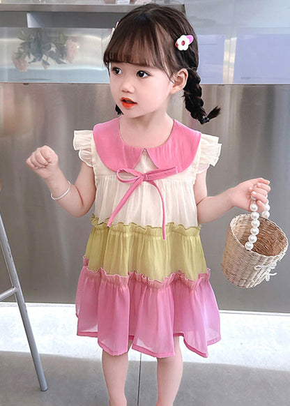 Pink Ruffled Patchwork Cotton Kids Vacation Mid Dress Sleeveless