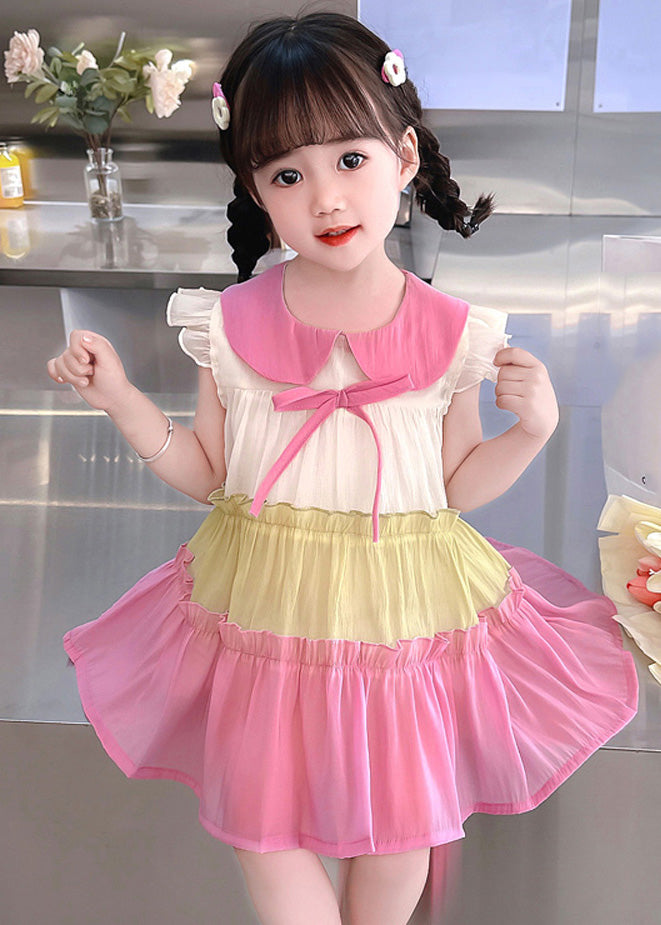 Pink Ruffled Patchwork Cotton Kids Vacation Mid Dress Sleeveless