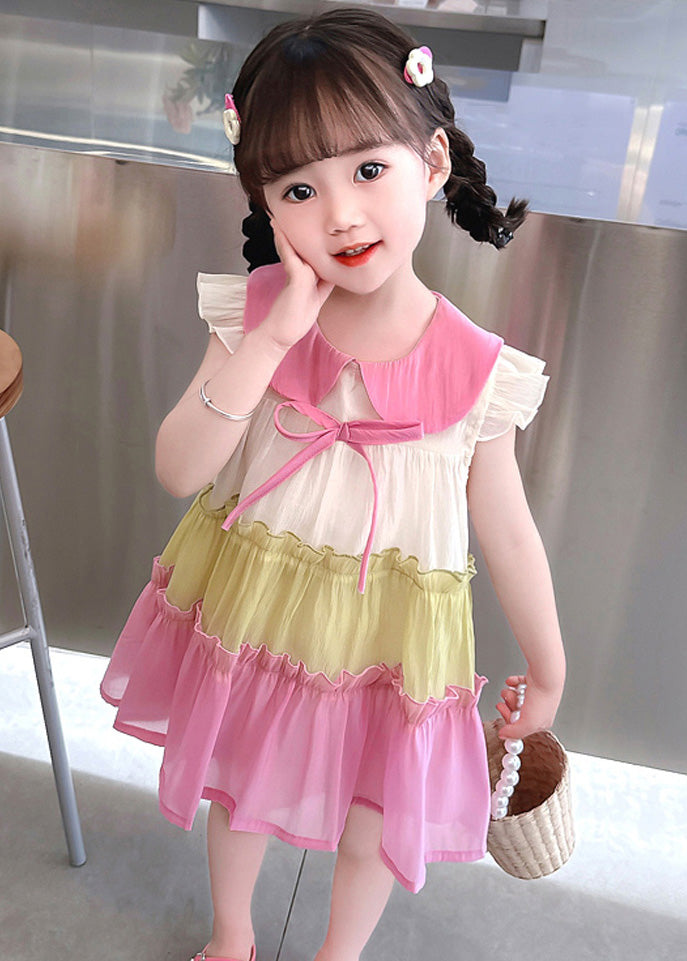 Pink Ruffled Patchwork Cotton Kids Vacation Mid Dress Sleeveless