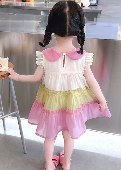 Pink Ruffled Patchwork Cotton Kids Vacation Mid Dress Sleeveless