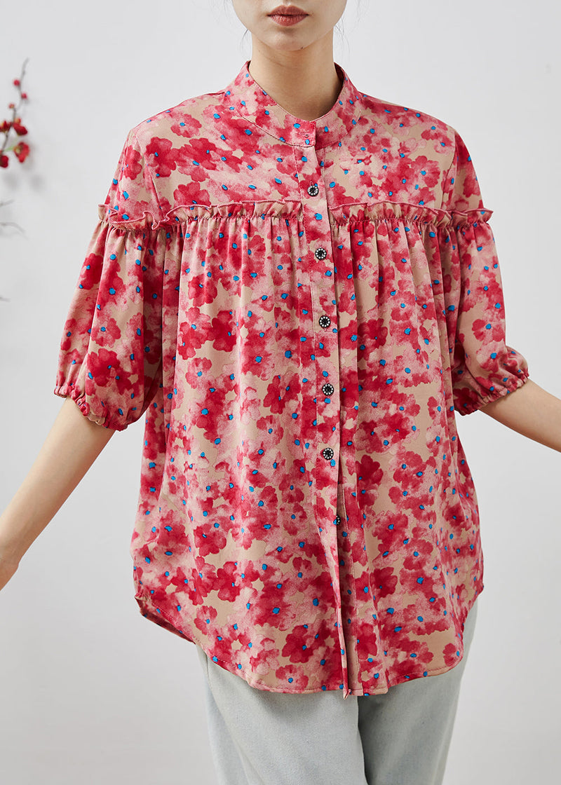 Pink Ruffled Print Chiffon Shirts Summer