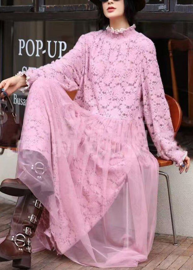 Pink Ruffled Tulle Patchwork Lace Long Dress Spring