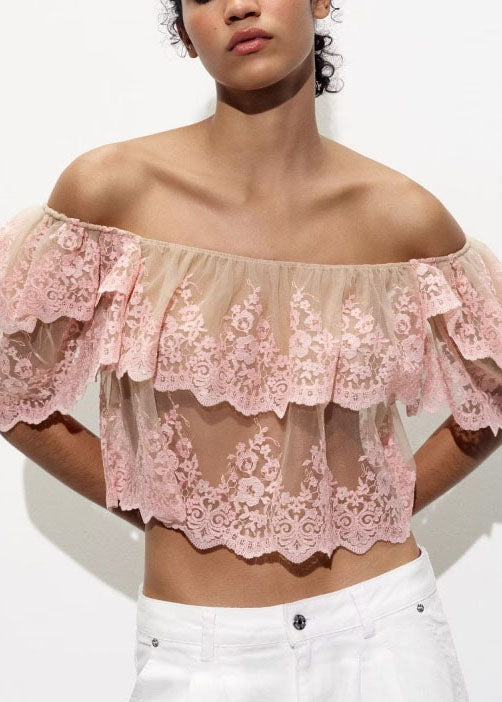 Pink Slash Neck Ruffled Embroidered Tulle Top Summer