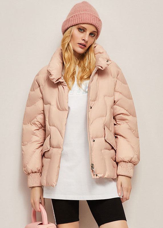 Pink Stand Collar Zippered Lazy Duck Down Down Coats Winter