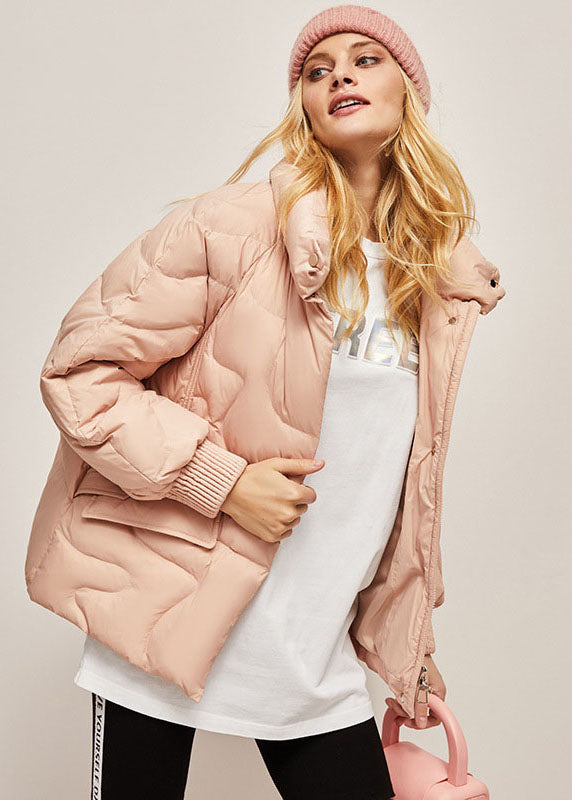 Pink Stand Collar Zippered Lazy Duck Down Down Coats Winter