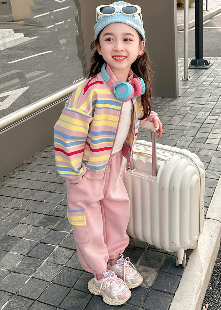 Pink Striped Zippered Kids Top and Pants Two Pieces Set Spring