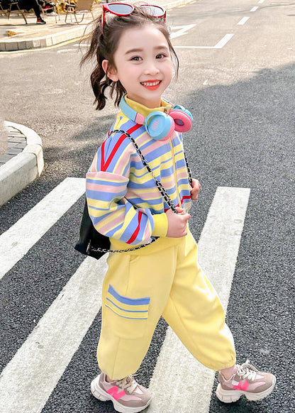 Pink Striped Zippered Kids Top and Pants Two Pieces Set Spring