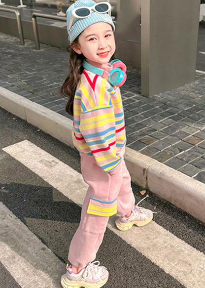 Pink Striped Zippered Kids Top and Pants Two Pieces Set Spring