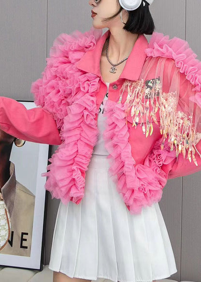 Pink Tulle Ruffled Tasseled Patchwork Denim Jackets Spring