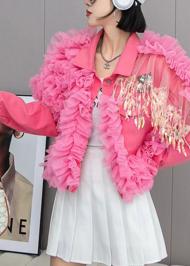 Pink Tulle Ruffled Tasseled Patchwork Denim Jackets Spring