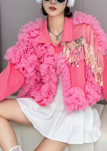 Pink Tulle Ruffled Tasseled Patchwork Denim Jackets Spring