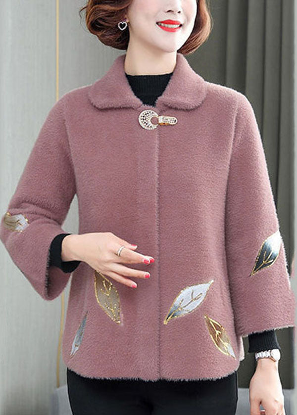 Pink Turn-down Collar Embroideried Thick Mink Hair Velvet Coats Winter