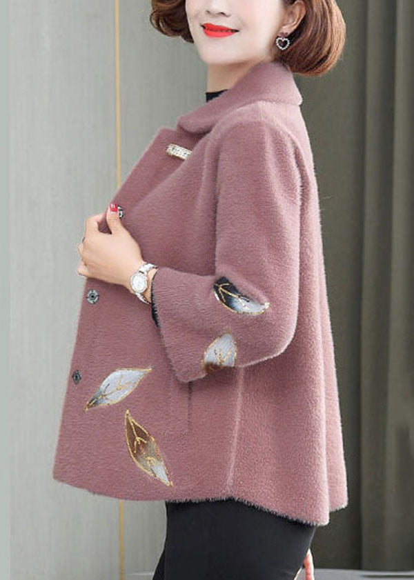 Pink Turn-down Collar Embroideried Thick Mink Hair Velvet Coats Winter
