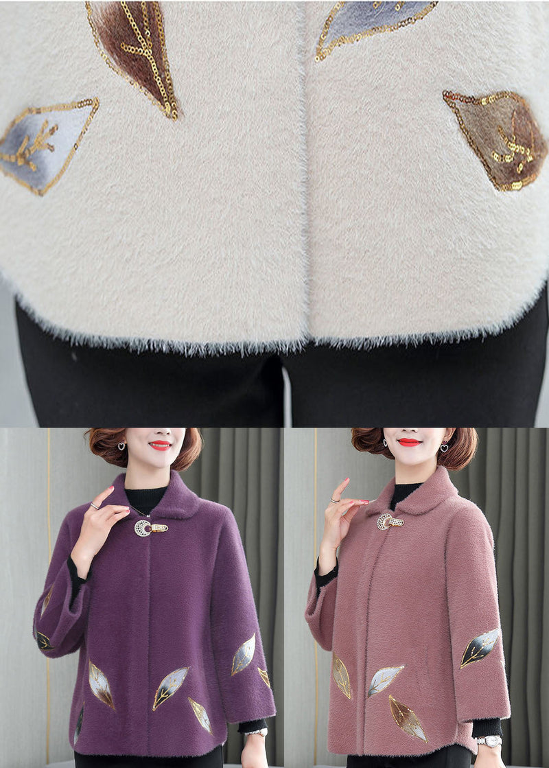 Pink Turn-down Collar Embroideried Thick Mink Hair Velvet Coats Winter