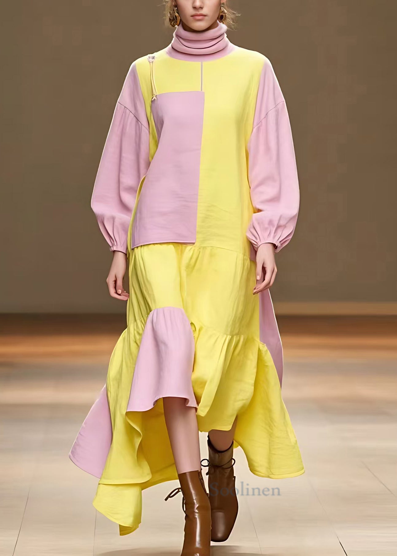 Pink Turtleneck Patchwork Cotton Dress Fall