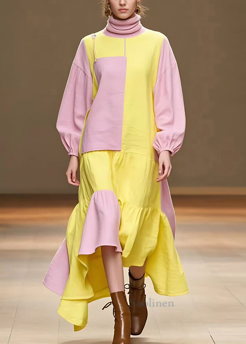 Pink Turtleneck Patchwork Cotton Dress Fall