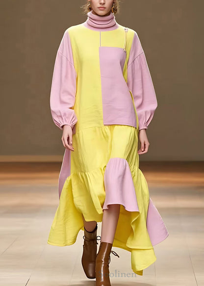 Pink Turtleneck Patchwork Cotton Dress Fall
