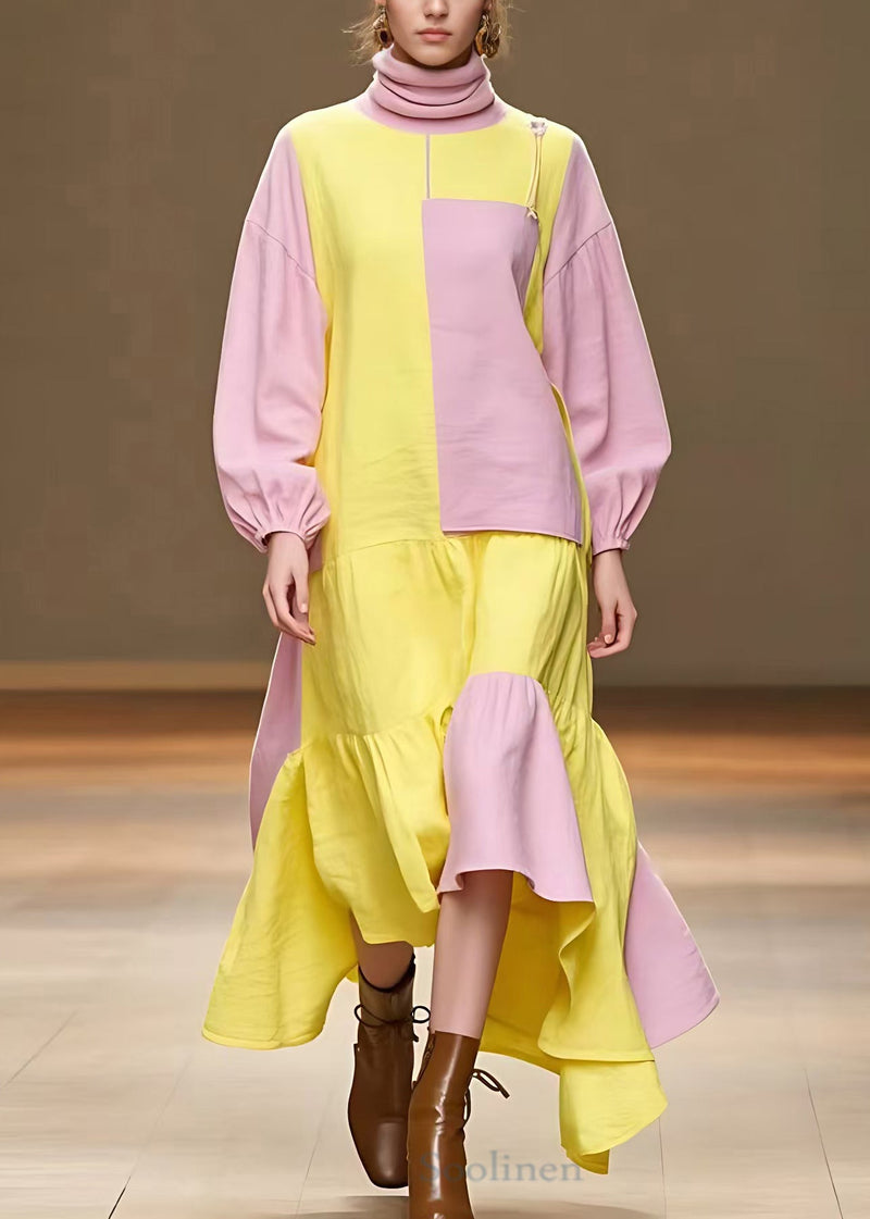Pink Turtleneck Patchwork Cotton Dress Fall
