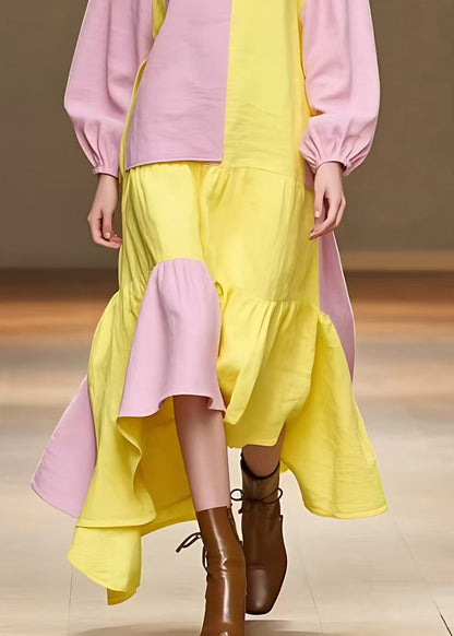 Pink Turtleneck Patchwork Cotton Dress Fall