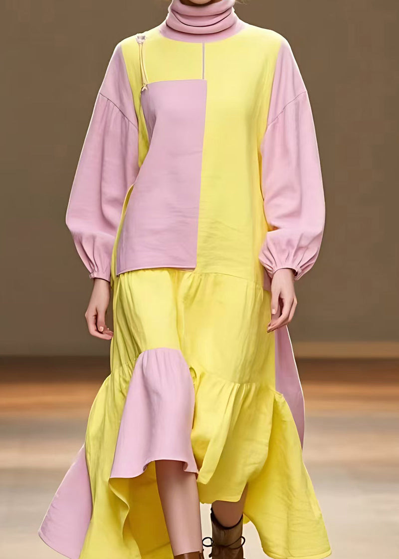 Pink Turtleneck Patchwork Cotton Dress Fall