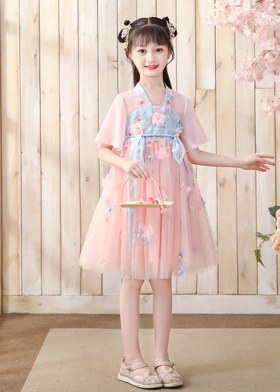 Pink V Neck Embroideried Layered Tulle Kids Mid Dress Short Sleeve